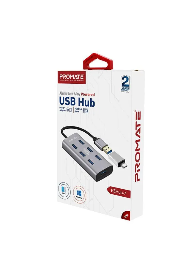 موزع USB 3.0 بـ 7 منافذ, محمول ومصنوع من سبيكة ألومنيوم, يتميز بسرعة نقل بيانات 5 جيجابايت كل ثانية ومحول طاقة USB-C لماك بوك وآي ماك واللاب توب ومحرك فلاش USB ومحرك أقراص حالة صلبة طراز EZHub-7 رمادي-2