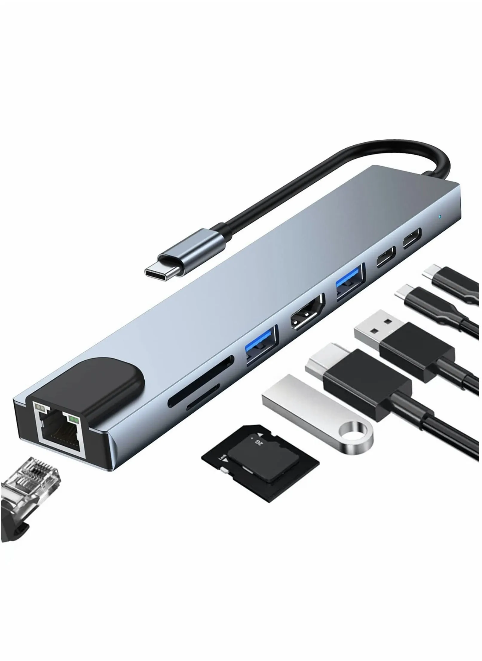 محطة إرساء 8 في 1 USB C ، محول Hub متعدد المنافذ مع 4K HDMI توصيل طاقة 100 وات USB-C إيثرنت 2 قارئ بطاقات SD / TF متوافق MacBook Pro XPS والمزيد من أجهزة Type-1