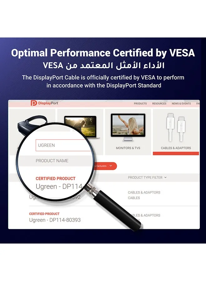 كابل DisplayPort 8K Ultra HD DisplayPort 1.4 ذكر إلى ذكر كابل مجدول من النايلون SPCC، يدعم دقة 7680x4320 8K@60 هرتز 4K@144 هرتز 2K@165 هرتز HDP HDCP لشاشة الألعاب HDTV-1M أسود أسود-2