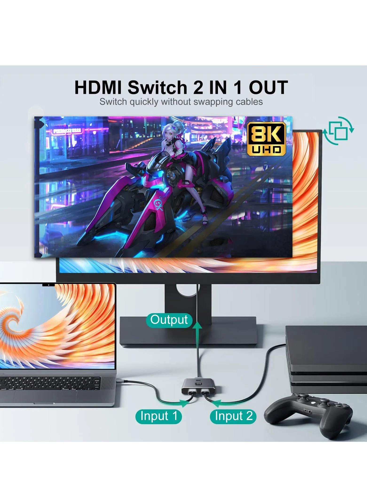 محول HDMI 2.1 بدقة 8K ومقسم 2 في 1 مع دعم تكبير 8K بتردد 60 هرتز و4K بتردد 120 هرتز و1080 بكسل بتردد 240 هرتز وتقنية HDR Dolby AC عالية السرعة 48 جيجابت في الثانية لأجهزة PS4/PS5/Fire Stick/Apple TV/X-box/Roku-2