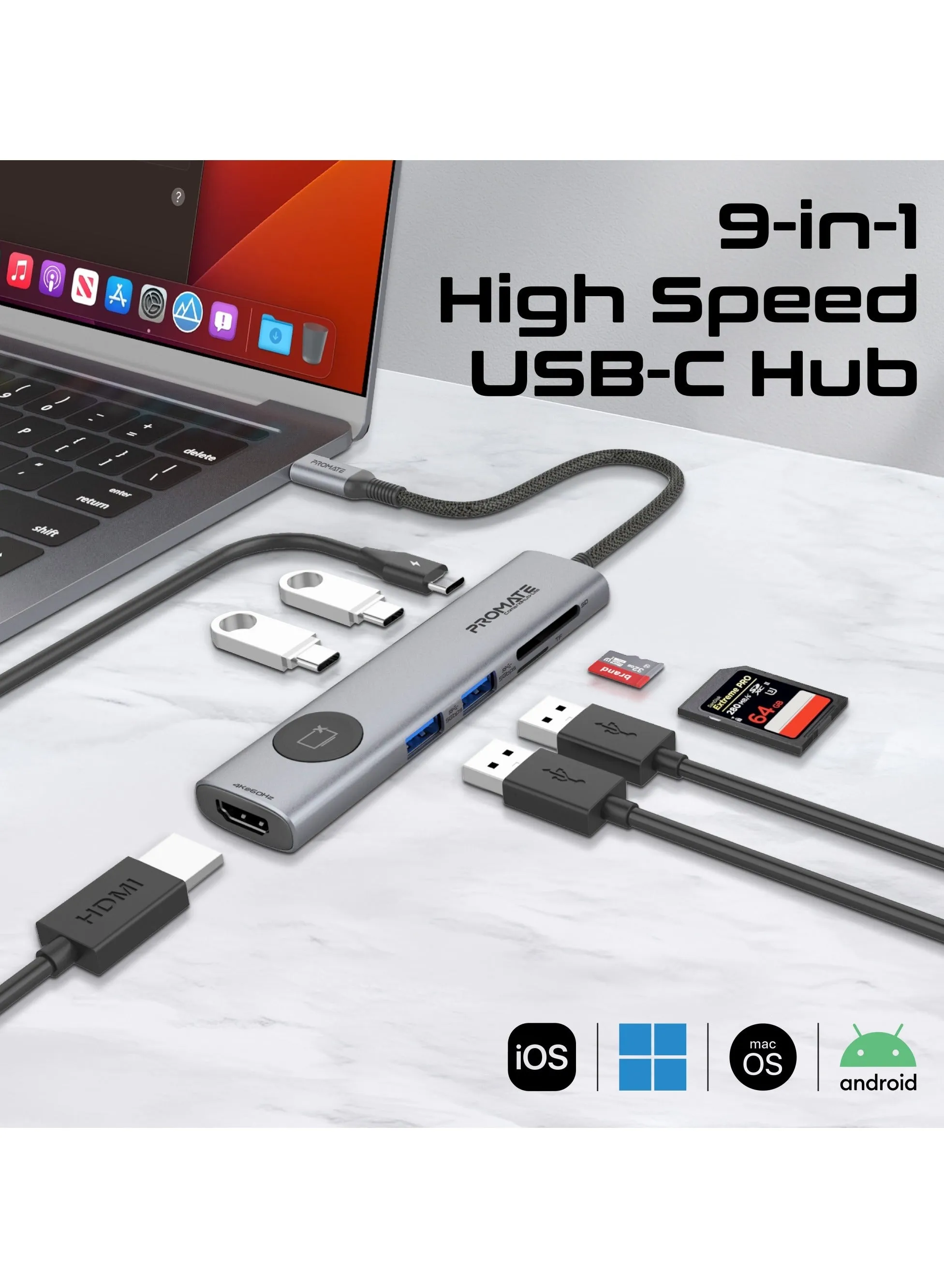 9-in-1 High Speed ​​USB-C Data Hub, Dual 5Gbps USB-C / A Ports, 100W USB-C Power Delivery, 4K@60Hz HDMI Port With Control Button, SD/TF Card Slots up to 2TB, Plug and play support Grey-2