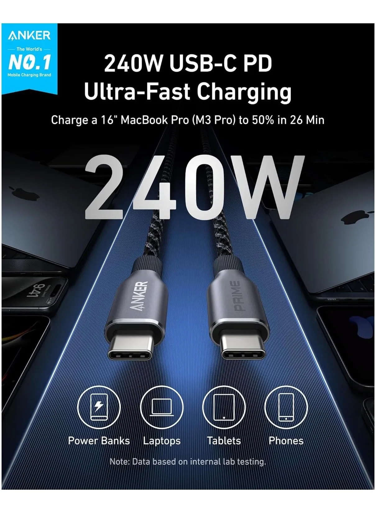 Anker Prime USB-C to USB-C Cable, 240W 6 ft Fast Charging USB-C Cable, Upcycled-Braided Nylon with High Durability, For iPhone 15/15 Pro/15 Pro Max/15 Plus, MacBook, iPad, Galaxy S24, and More Black-2