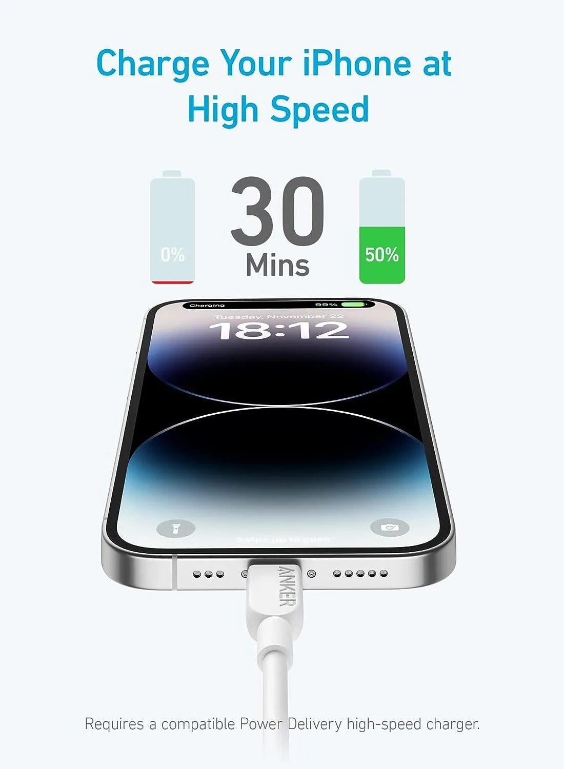 كابل Anker USB C إلى Lightning، كابل 310 USB-C إلى Lightning (أسود، 6 أقدام)، معتمد من MFi، كابل شحن سريع لهاتف iPhone 14 Plus 14 14 Pro Max 13 13 Pro 12 11 X XS XR (الشاحن غير متضمن) سنو-2