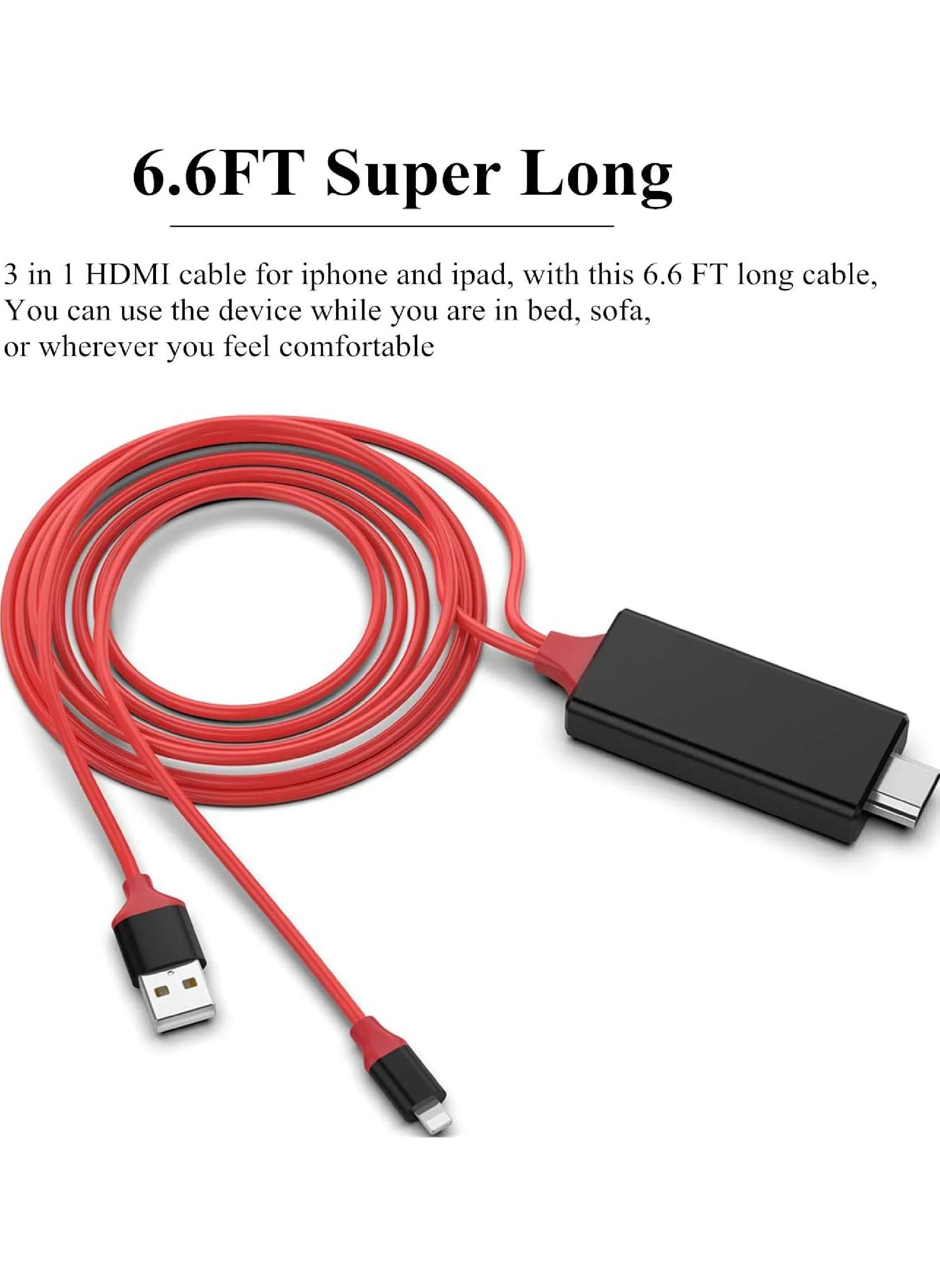 [معتمد من Apple MFi] كابل محول Lightning إلى HDMI متوافق مع محول iPhone إلى HDMI 1080P الرقمي AV لأجهزة iPhone iPad iPod إلى سلك التلفزيون 6.6FT-2