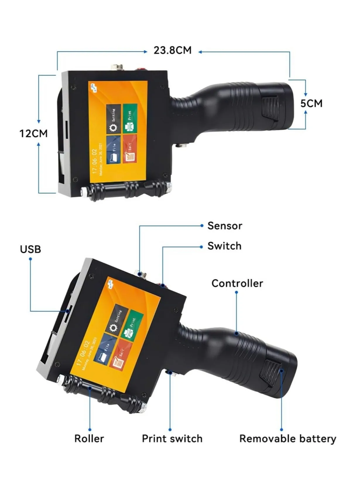 Arabic Portable Intelligent Upgraded Handheld Inkjet Printer Gun with 4.3-Inch LED Touch Screen, Quick-Drying Inkjet Coding Machine for QR Code/Barcode/Production Date Time/Logo Batch Number-2