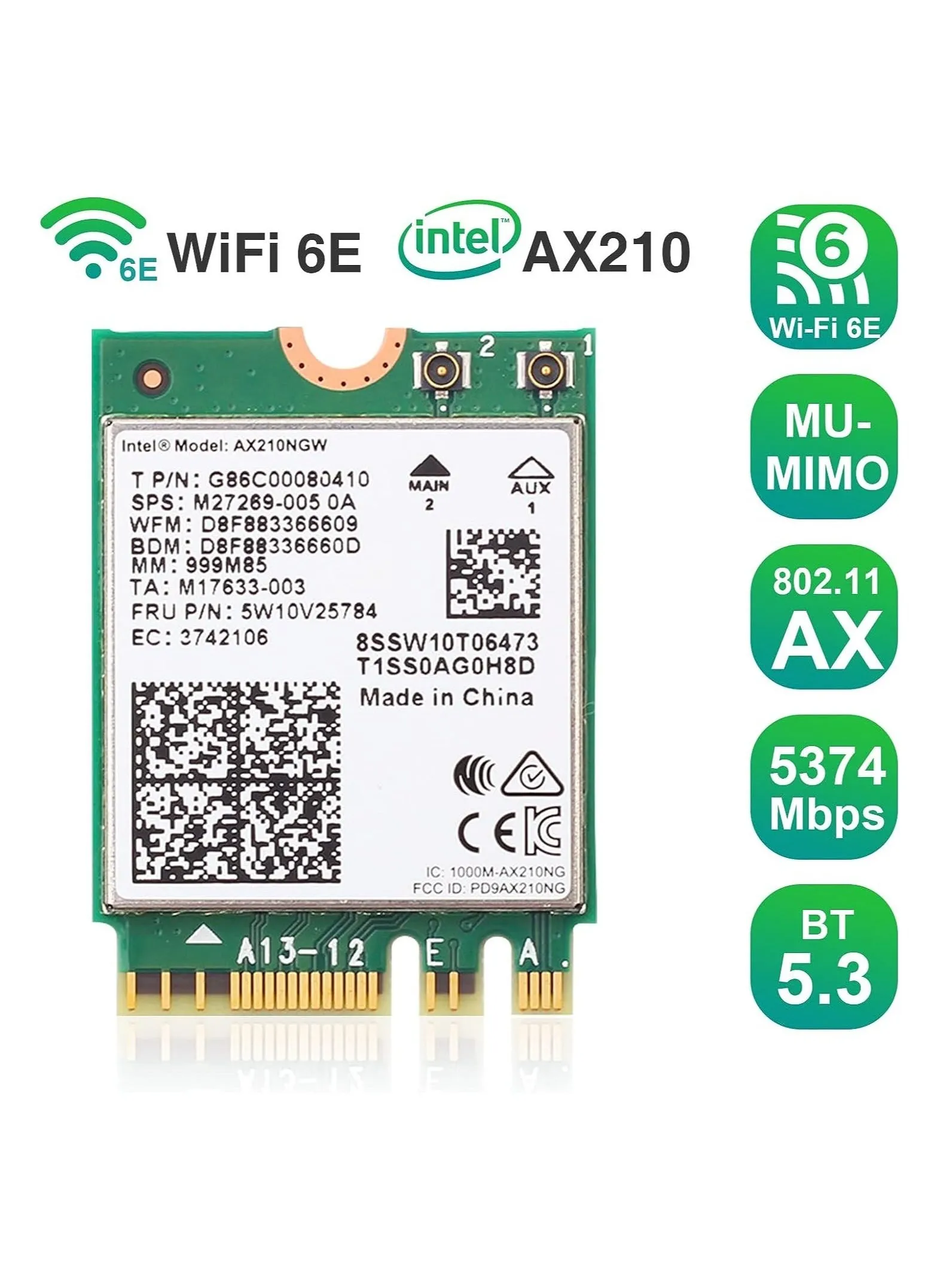 بطاقة AX210NGW Wi-Fi 6E Bluetooth 5.3 Tri-Band 5400Mbps إلى 6 جيجا هرتز محول الشبكة 802.11AX MU-MIMO وحدة لاسلكية قابلة للتوسيع لأجهزة الكمبيوتر المحمول، تدعم Windows 10/11 64 بت، M.2/NGFF-2