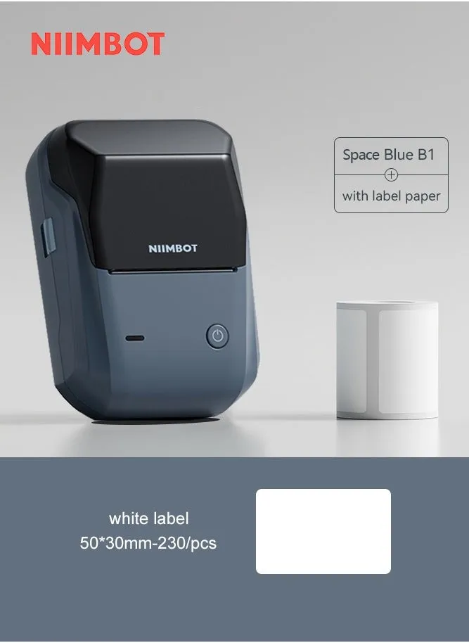 B1 Thermal Label Printer  with 1 Roll 50mm*30mm White Tape, Portable Bluetooth Label Maker with  20-50mm Print Width, USB Rechargeable, Easy to Use for Office, Home, Business, Space Blue-1