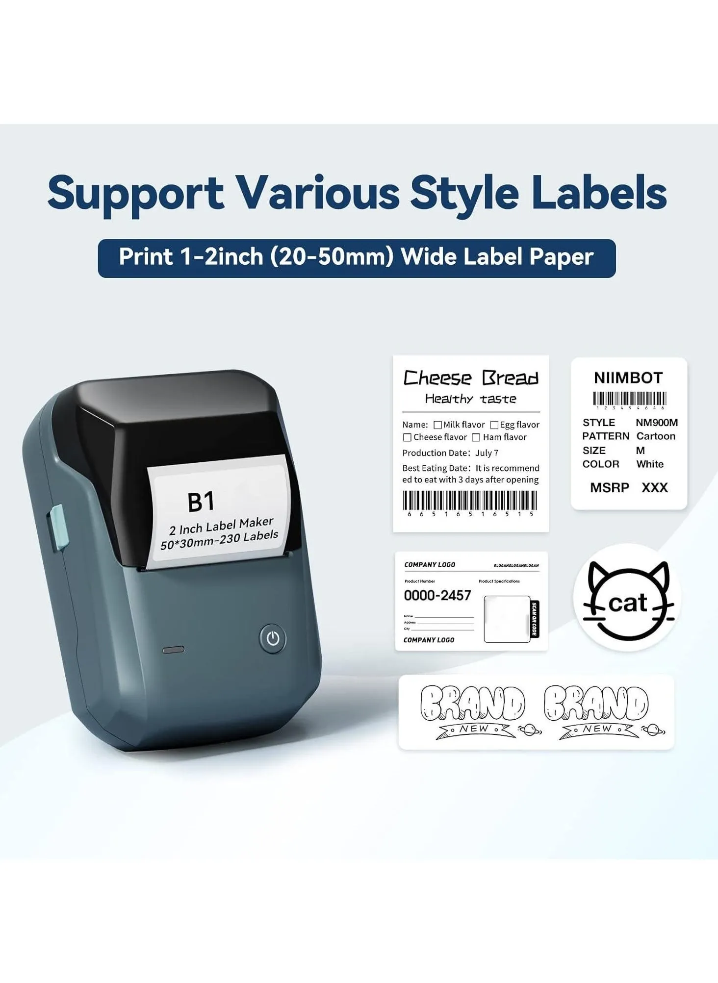 B1 Thermal Label Printer  with 1 Roll 50mm*30mm White Tape, Portable Bluetooth Label Maker with  20-50mm Print Width, USB Rechargeable, Easy to Use for Office, Home, Business, Space Blue-2