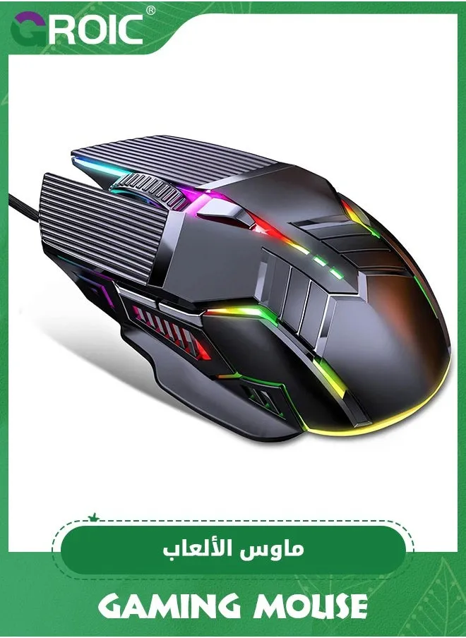 ماوس ألعاب سلكي أسود RGB، ماوس كمبيوتر LED مريح مع إضاءة خلفية RGB، 4 نقاط لكل بوصة قابلة للتعديل حتى 3200، 6 أزرار، ماوس بصري USB للألعاب والمكتب وماك وويندوز-1