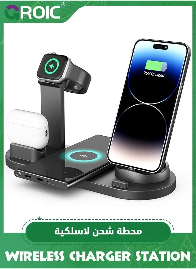 Black Wireless Charger, 6 in 1 Wireless Fast Charging Station for Apple Watch/AirPods Pro/iPhone Samsung S20/S10, Charging Dock Station for Other Qi Phones-1