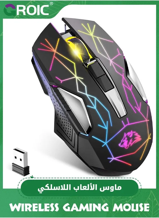 ماوس ألعاب لاسلكي أسود قابل لإعادة الشحن مع إضاءة خلفية صامتة بألوان قوس قزح RGB، مستشعر بصري لجهاز استقبال نانو USB 2.4 جيجا هرتز 3 مستويات DPI، كمبيوتر محمول مريح للألعاب، فئران كمبيوتر عالية الأداء لنظام التشغيل Windows/Mac/Vista-1