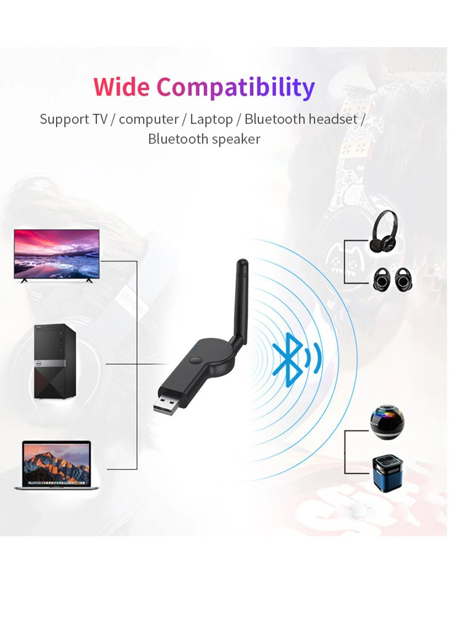 Bluetooth Adapter, Bluetooth Transmitter, Dual Link USB Bluetooth 5.2 Audio Adapter with 2DB External Antenna for TV Laptop Headphones-2