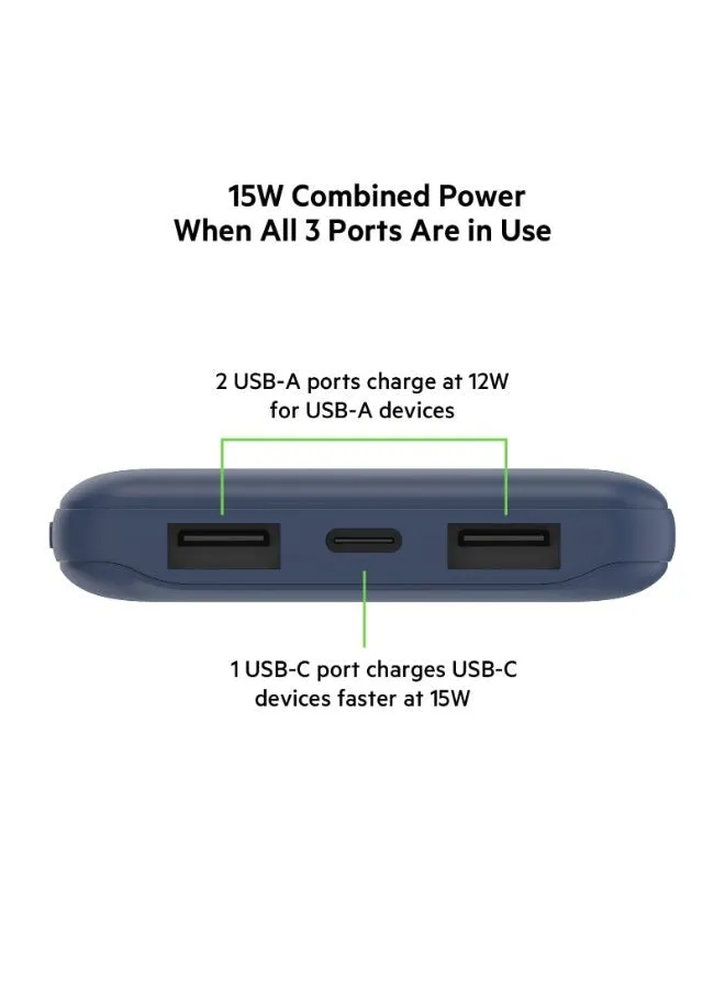 باور بنك محمول بمنفذ USB C (10000 مللي أمبير في الساعة مع منفذ USB C ومنفذا USB A لشحن يصل إلى 15 وات متوافق مع أجهزة الآيفون والأجهزة التي تدعم الأندرويد وسماعات آير بودز وأجهزة الأي باد، وغير ذلك المزيد) أزرق-2