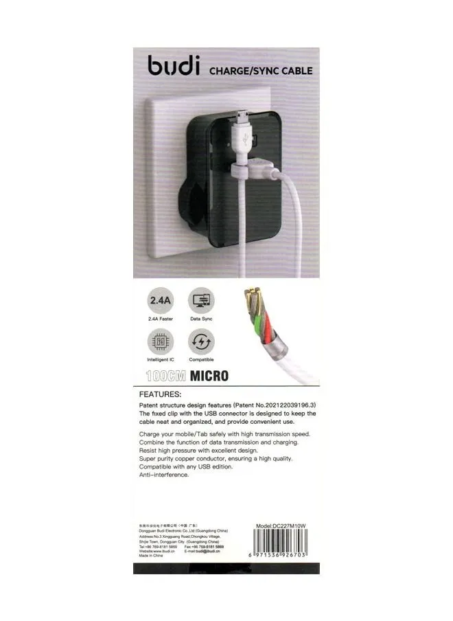 كابل بيانات Micro USB 2.4A من Budi مع شحن سريع 1 متر DC227M10W - أبيض-2