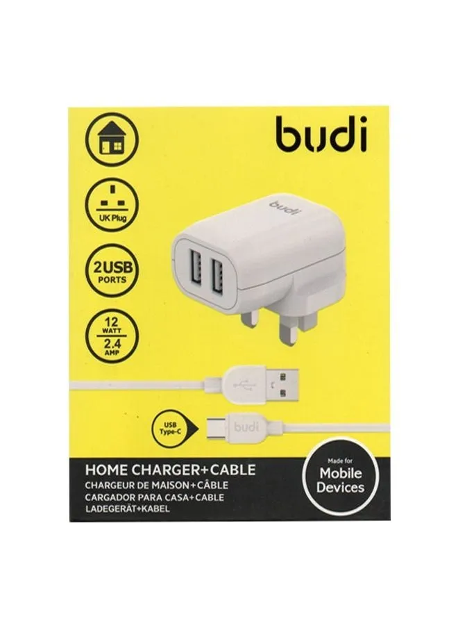 شاحن منزلي بمنفذي USB من Budi مع كابل Type-C بطول 1 متر AC339UTW - أبيض-1