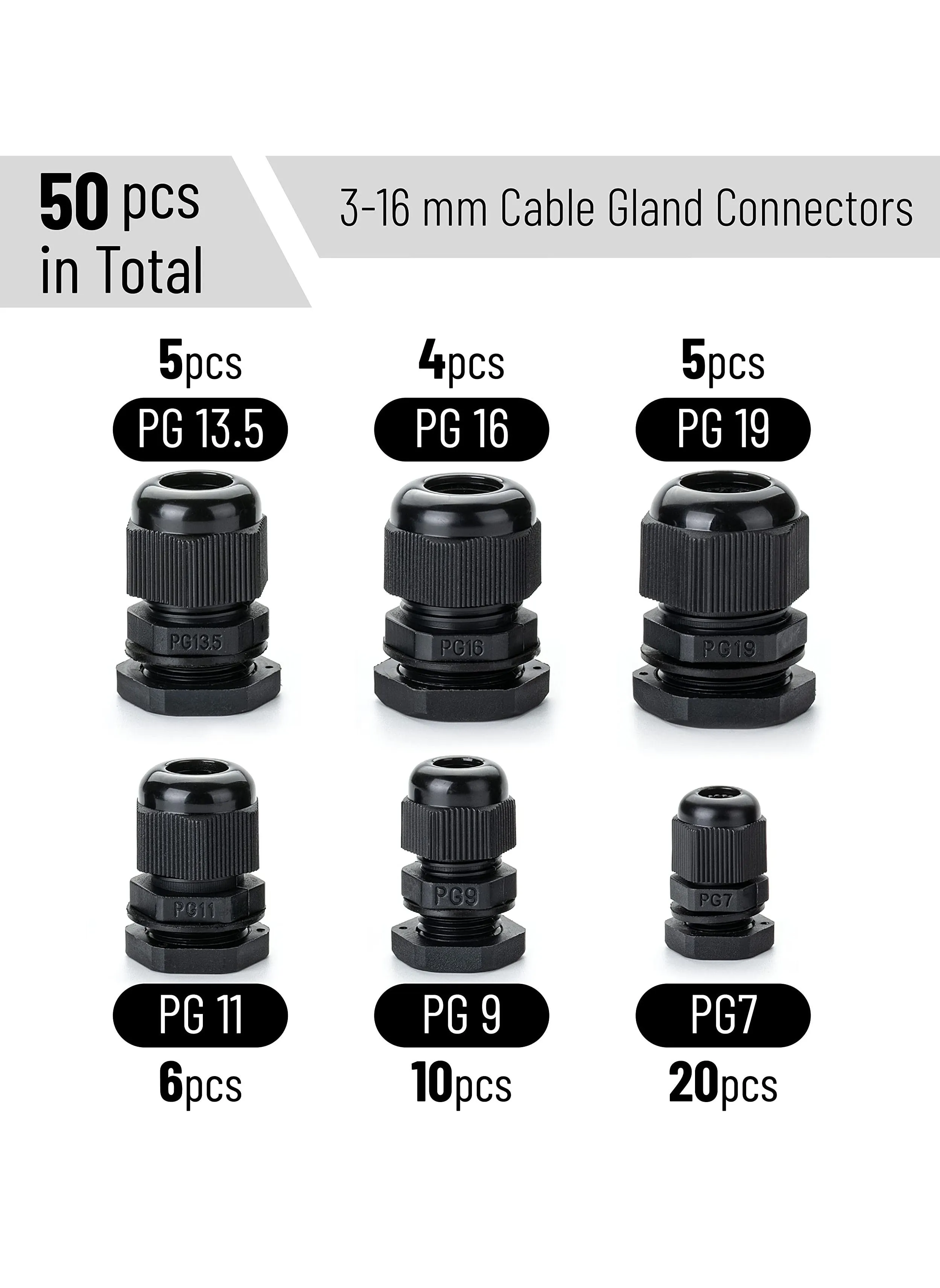 غدة كابل، 50 قطعة من موصلات الكابلات المقاومة للماء من النايلون Npt، PG7، PG9، PG11، PG13.5، PG16، PG19، غدد كابلات 3-16 مم، موصل كابل مقاوم للماء مع صمولة قفل، أسود-2