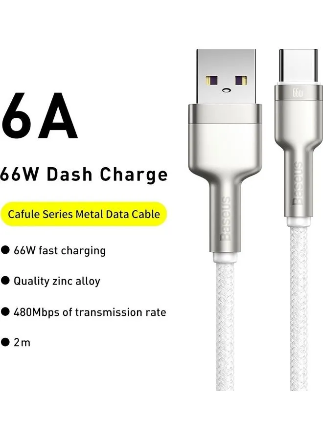 كابل بيانات معدني بطول 2 متر من سلسلة كافولي من USB إلى Type-C بقدرة 66 وات بخاصية الشحن السريع لهاتف هواوي P30، وP20 لايت، وP20، وميت 20، وميت 20 برو، وميت RS، وهونر فيو 20، وهونر ماجيك 2، وغير ذلك المزيد. وجميع أجهزة الأندرويد. أبيض-2