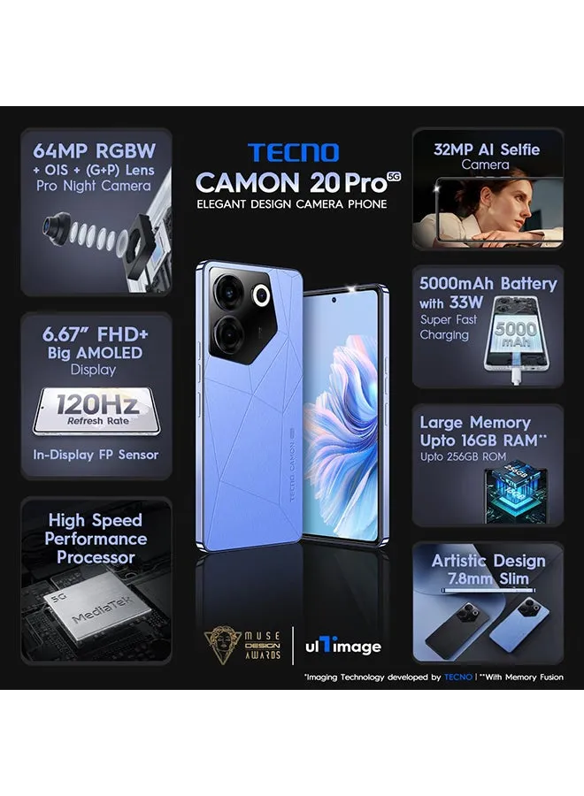 هاتف Camon 20 Pro ثنائي الشريحة بلون أزرق سيرينيتي وذاكرة وصول عشوائي (RAM) سعة 8 جيجابايت وذاكرة داخلية 256 جيجابايت يدعم تقنية 5G - إصدار الشرق الأوسط-2