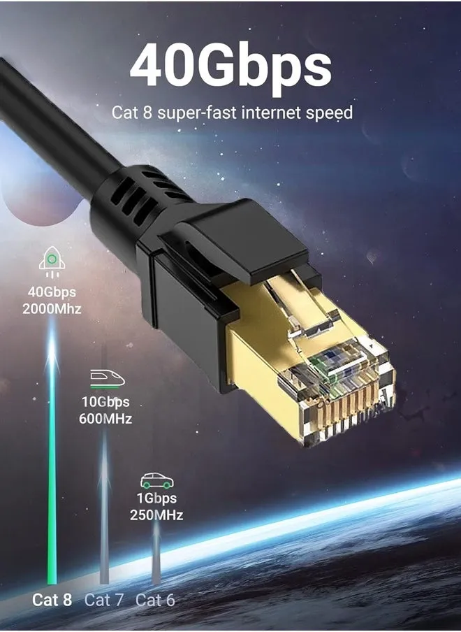 كابل Ethernet Cat8 عالي السرعة 40Gbps 2000MHz RJ45، سلك مضفر محمي، متوافق مع Switch، PC، PS5، PS4، Xbox، مودم، راوتر، موسع Wi-Fi، لوحة التوصيل، بأطوال 2م-30م، باللون الأسود.-2