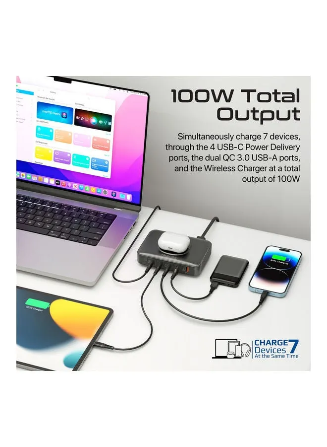 محطة شحن، شاحن كمبيوتر محمول GaNFast 100 واط 7 في 1 مع 4 منافذ USB-C لتوصيل الطاقة، ومنافذ QC 3.0 مزدوجة بقدرة 30 واط، وشاحن لاسلكي بقدرة 15 واط وشحن متكيف-2