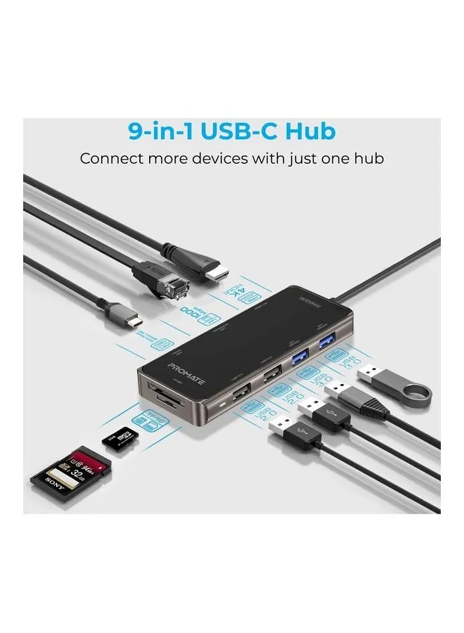 موزع USB-C صغير الحجم مزود بعدة منافذ وطاقة توصيل 100 وات أسود-2