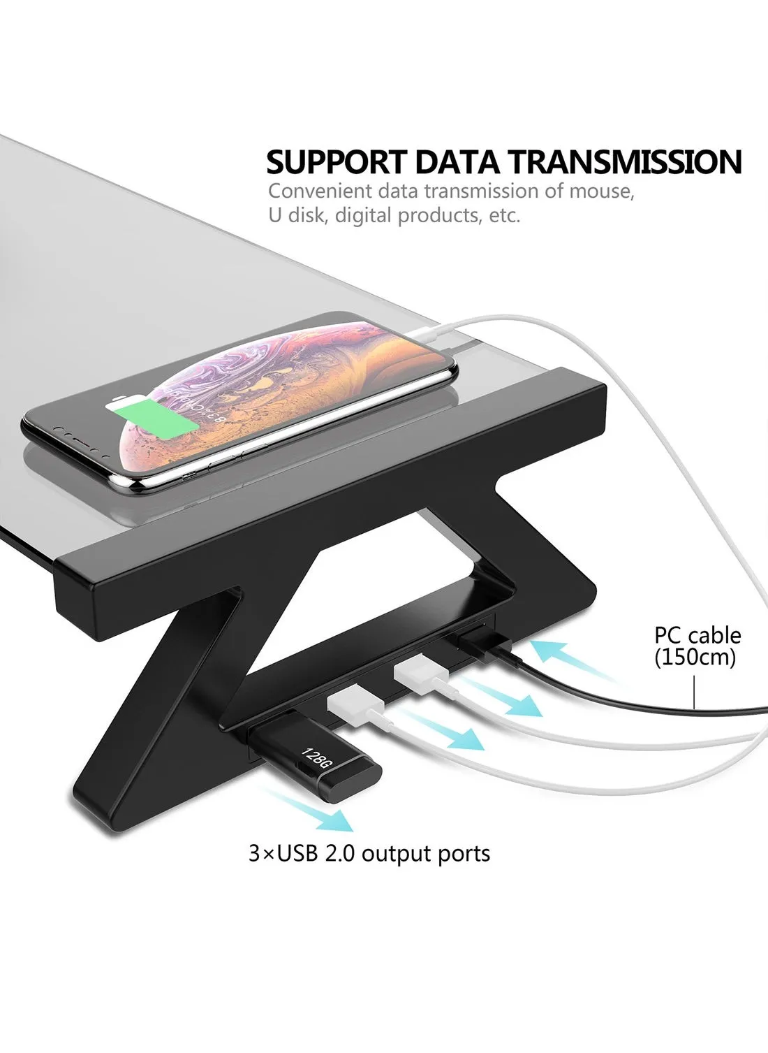 حامل شاشة كمبيوتر مع محور USB، حامل شاشة من الزجاج المقسى الشفاف مع قاعدة توصيل USB 3 في 1 لأجهزة الكمبيوتر المكتبية/iMac/MacBook/الطابعة-2