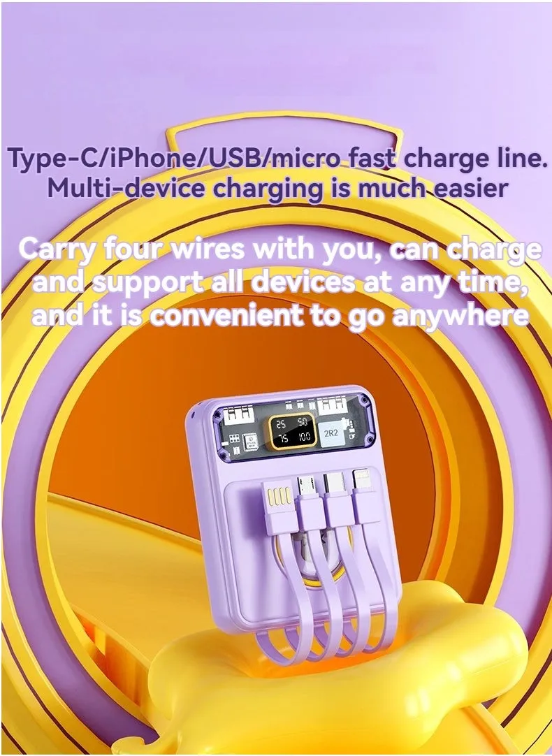 Creative cartoon comes with charging cable power bank 10000 mAh large capacity fast charging mini power bank (purple)-1