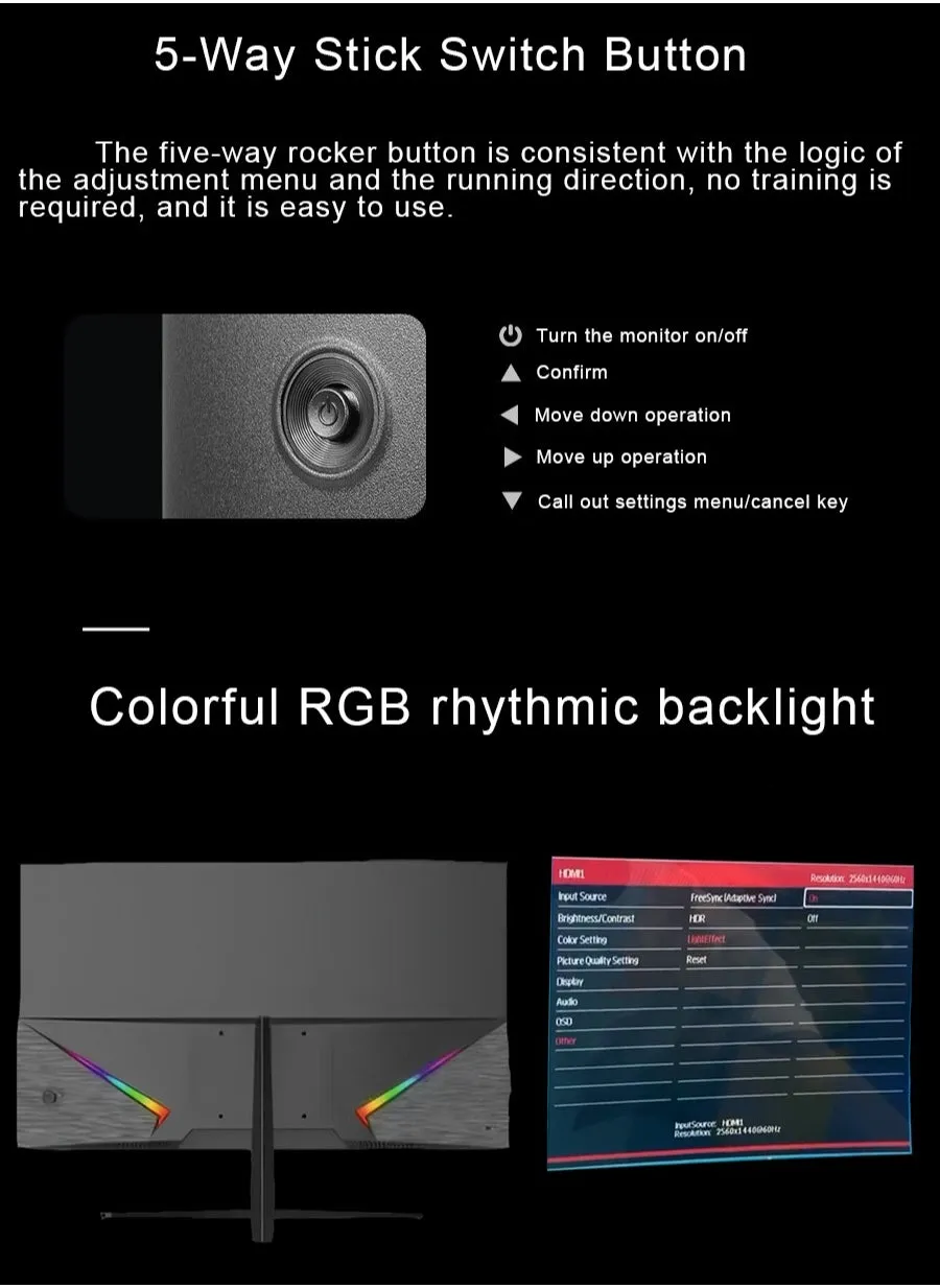 شاشة ألعاب IPS منحنية مقاس 27 بوصة بمعدل تحديث 165 هرتز مع دقة QHD (2560×1440)، ومكبرات صوت مدمجة، ووقت استجابة 1 مللي ثانية، وإضاءة خلفية LED ملونة، ومنفذ HDMI DP ومنفذ USB مع زر الطاقة/القائمة بخمسة اتجاهات-2