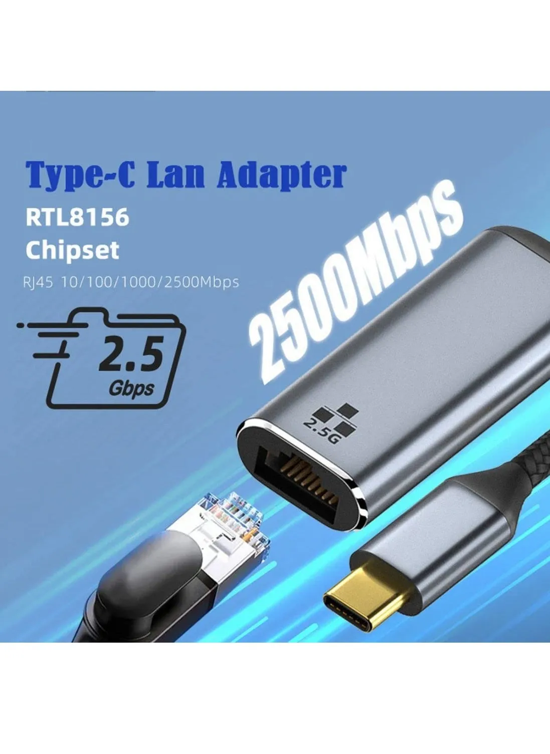 محول إيثرنت CY USB C إلى 2.5Gbps، USB 3.1 Type C إلى RJ45 2500Mbps GBE Gigabit Ethernet Network LAN Cable Adapter لأجهزة الكمبيوتر المحمولة-2