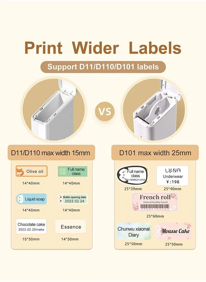 طابعة ملصقات D101 بدون حبر بعرض طباعة 10-25 مم، صانع ملصقات حراري محمول مع شريط 1 لفة 12 × 40 مم، وضع العلامات بدون جهد أصبح سهلاً، قابل للطباعة للمدرسة والمكتب والمنزل، أبيض-2