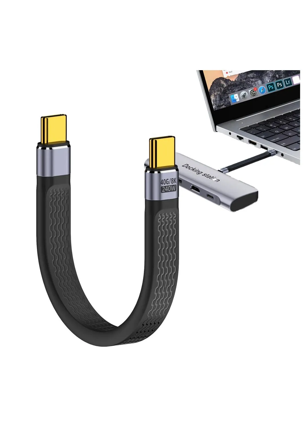 كابل بيانات 240 وات من النوع C USB-C ذكر إلى ذكر 8K مسطح رفيع FPC USB4 40Gbps 100 وات كابل بيانات من النوع C كابل شحن USB C للكمبيوتر المحمول والهاتف 13 سم-1