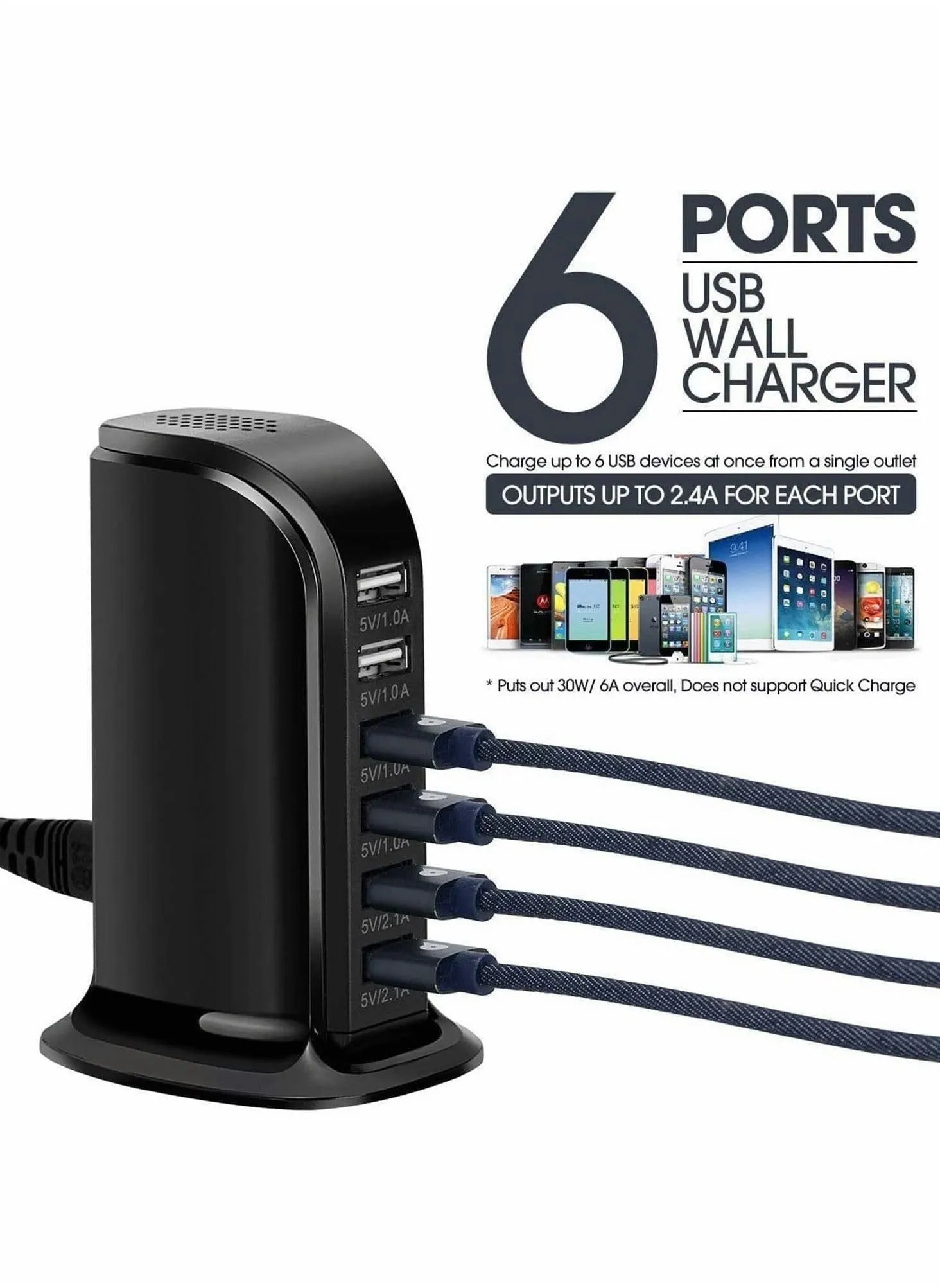 Desktop USB Charging Station, Universal 6 Ports Tower Portable Travel Charger Multi-Port Cardle Hub for iPhone/iPad Android and All Other Enabled Devices Black-2