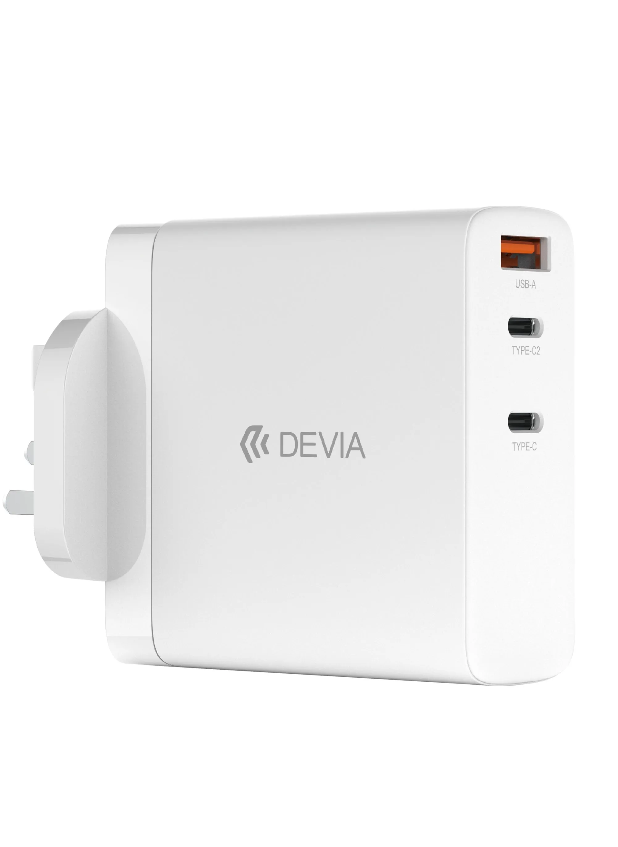 Devia 140W Triple Wall Plug 2 PD + 1 USB Port with GAN Technology The plug distributes power evenly between connected devices. This ensures safe and efficient charging.-1