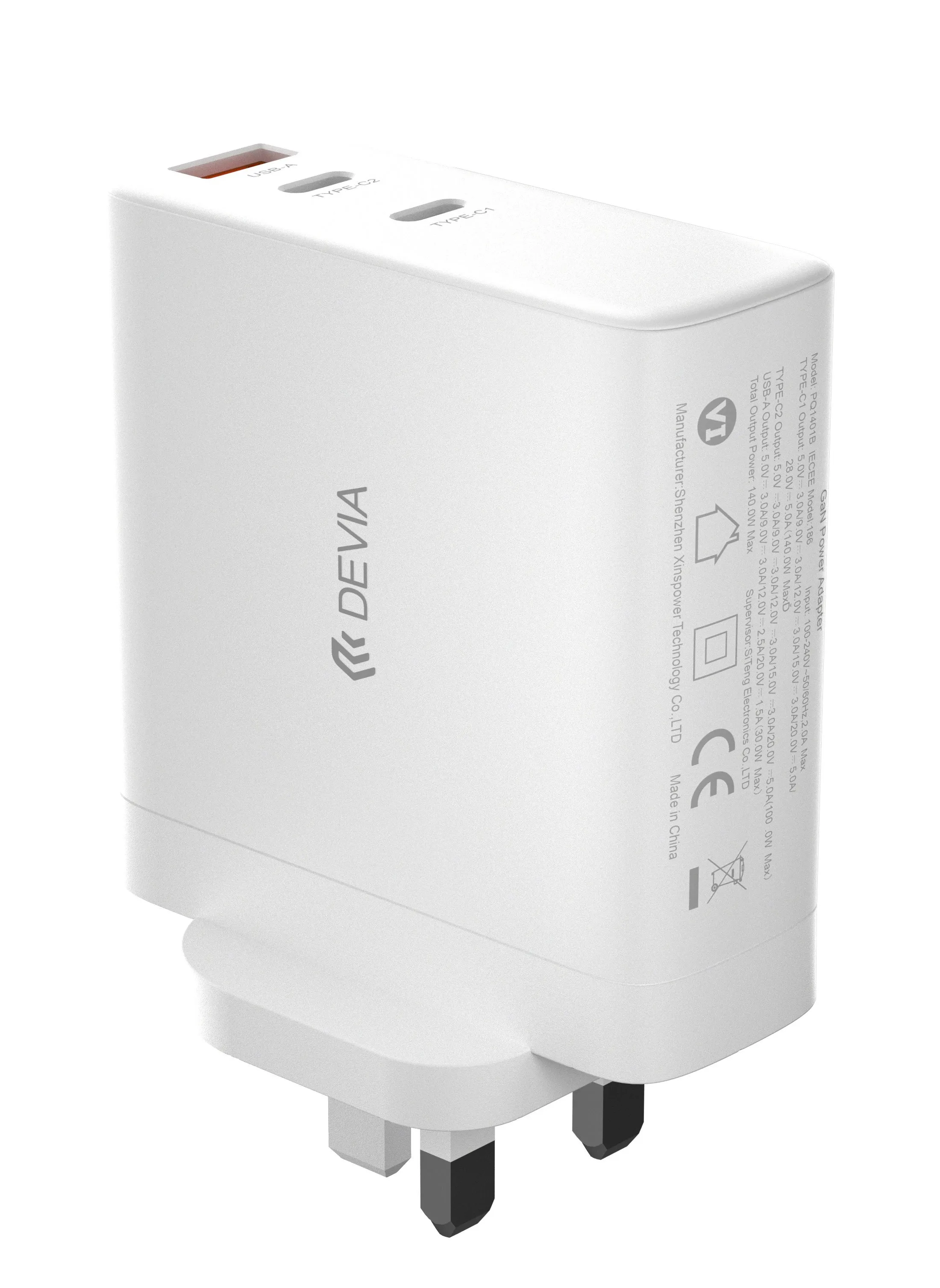 Devia 140W Triple Wall Plug 2 PD + 1 USB Port with GAN Technology The plug distributes power evenly between connected devices. This ensures safe and efficient charging.-2