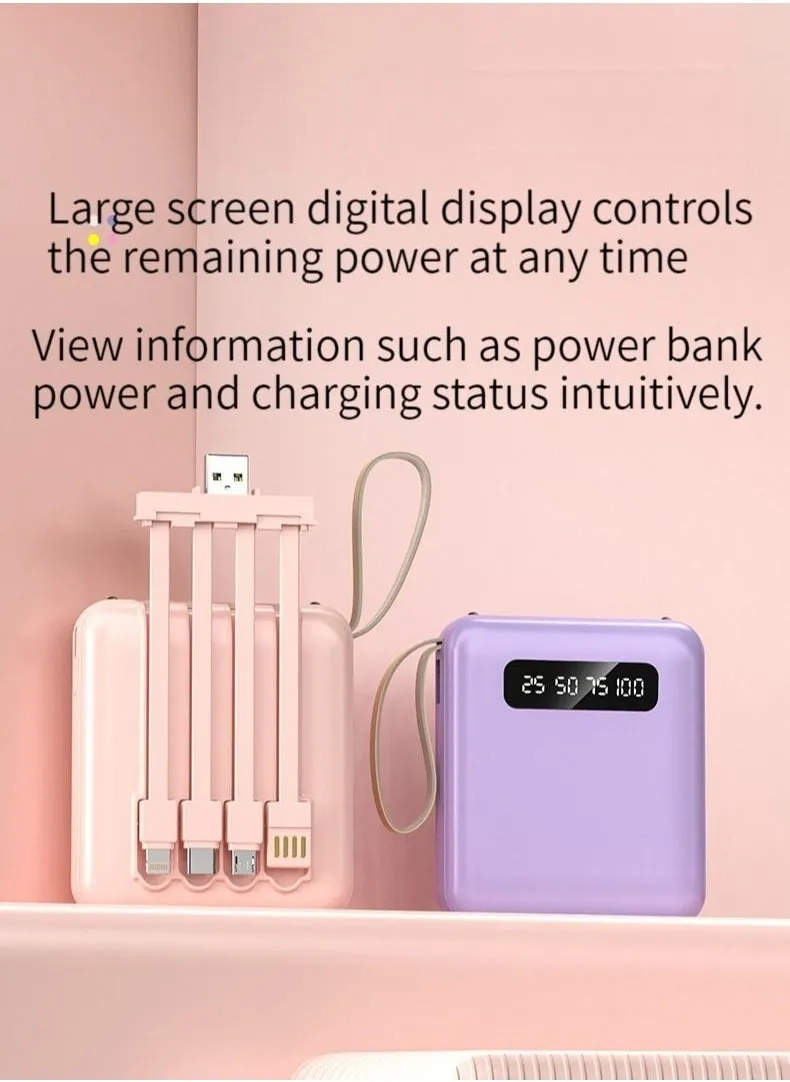 Digital display charging treasure is compact and portable with four USB cables 10000 mAh universal mini mobile power supply for all mobile phones and tablets (pink)-2