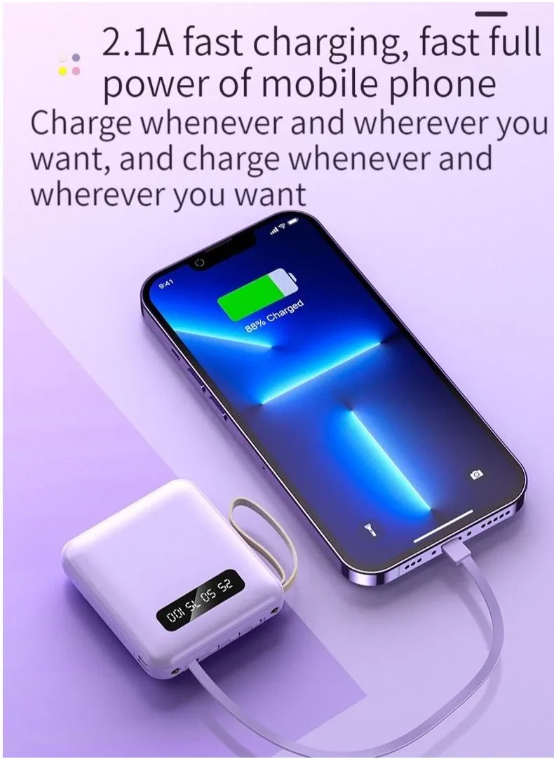 Digital display charging treasure is compact and portable with four USB cables 10000 mAh universal mini mobile power supply for all mobile phones and tablets (purple)-2