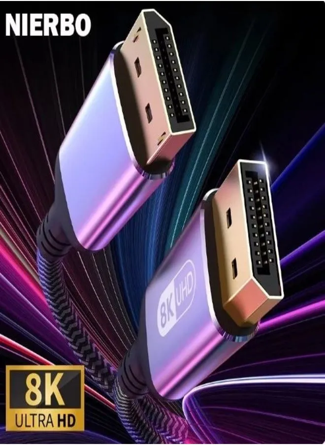 كابل ديسبلاي بورت 8K Ultra HD DisplayPort 1.4 ذكر إلى ذكر كابل عالي الجودة مجدول من النايلون يدعم دقة 8k (60 هرتز ) @ 4k (144 هرتز ) @ 2k (165 هرتز ) للكمبيوتر وشاشات الالعاب  بطول 2 متر-1