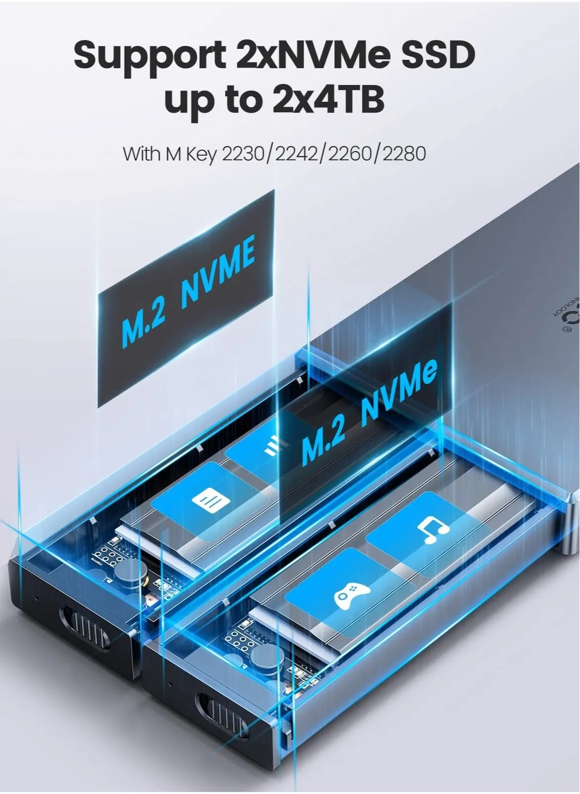 حاوية SSD ثنائية الخليج NVMe M2 مع محطة إرساء USB3.2 Gen2 عالية السرعة 10 جيجابت في الثانية لمحركات أقراص SSD PCIe M Key BM Key 2230 2242 2260 2280، تثبيت بدون أدوات يدعم ما يصل إلى 4 تيرابايت-2