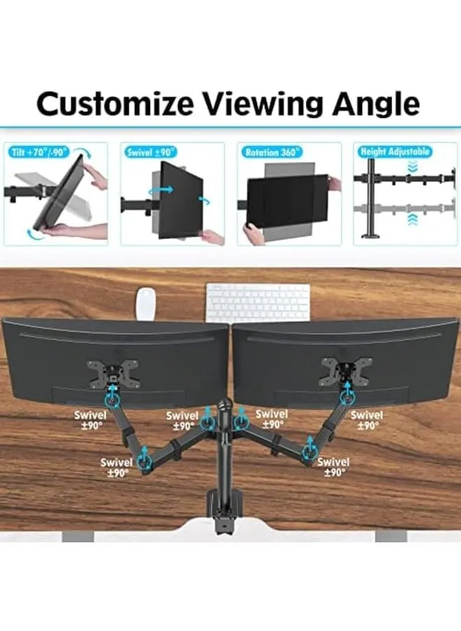 حامل شاشة مزدوج للمكتب قابل للتعديل بالكامل لشاشتي كمبيوتر بحد أقصى 32 بوصة يصل وزنها إلى 19.8 رطل، حامل شاشة مزدوج يناسب شاشتين مقاس 75 × 75 و100 × 100 مع مشبك C وقاعدة جروميت Mu0002-2
