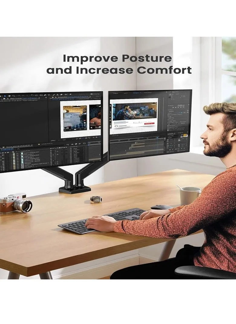 حامل شاشة مزدوج - حامل شاشة كمبيوتر مكتبي، ارتفاع قابل للتعديل، أذرع مزدوجة، حامل بحلقة معدنية لشاشات الكمبيوتر مقاس 17-27 بوصة - يحمل ما يصل إلى 9 كجم-2