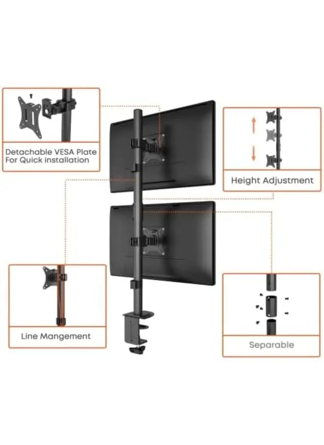 حامل شاشة مزدوج، حامل شاشة عمودي مكدس مكتبي لشاشتين يصل ارتفاعه إلى 32 بوصة، يدعم شاشة قابلة للتعديل مع مشبك C وإمالة دوارة وقواعد جروميت باللون الأسود-2