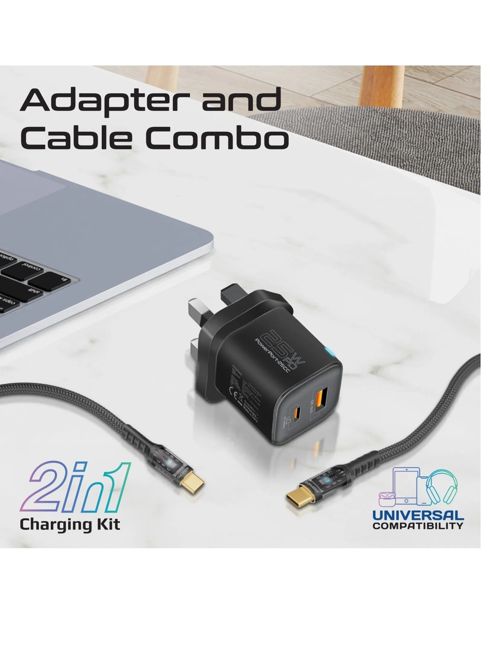 شاحن حائط بمنفذ مزدوج 25 وات USB-C توصيل طاقة مع منفذ شحن 18 وات QC 3.0 USB-A و60 وات USB-C موصلات شفافة كابل 1.2 متر أسود-2