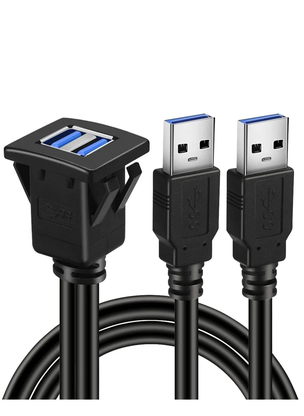 كابل تمديد USB 3.0 مربع بمنفذين مع مشبك للوحة القيادة للسيارة والشاحنة والقارب والدراجة النارية - 3 أقدام-1