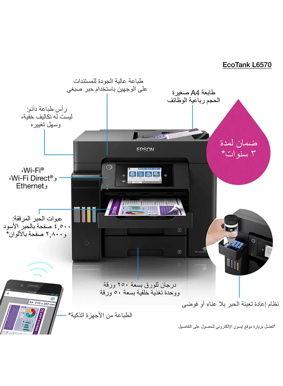 طابعة مكتبية إيكو تنك L6570 بخزان حبر مقاس A4 بتصميم 4 في 1 مع ملقم مستندات آلي واتصال بالواي فاي وتطبيق سمارت بانيل وشاشة LCD أسود-2