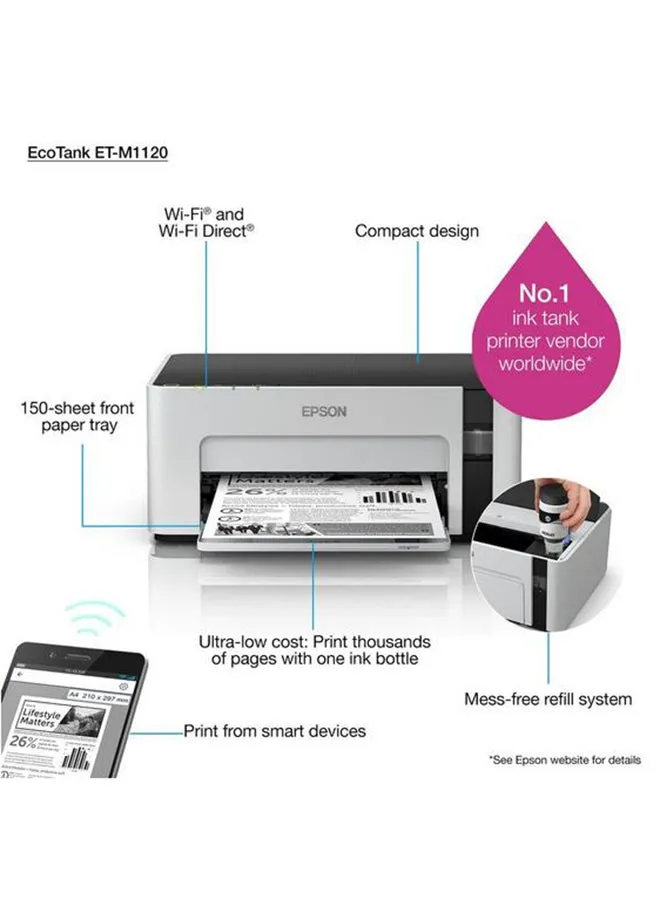 طابعة إيكو تانك صغيرة الحجم أحادية الوظيفة ومزودة بنظام خزان مدمج للحبر، لطباعة أحادية اللون عالية الجودة واقتصادية من إيبسون طراز M1120 أبيض-2