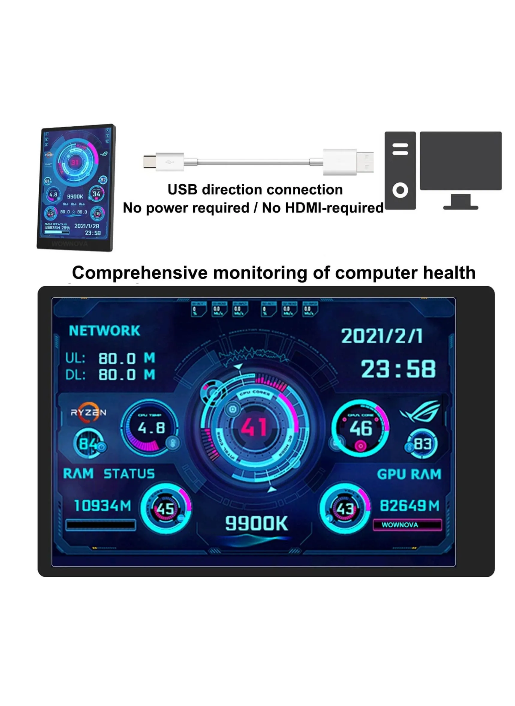 English Version Computer Temp Monitor, Pc Temperature Display, PC Sensor Panel for ARGB Case, IPS USB Mini Secondary Screen, CPU RAM HDD Data Monitor-2