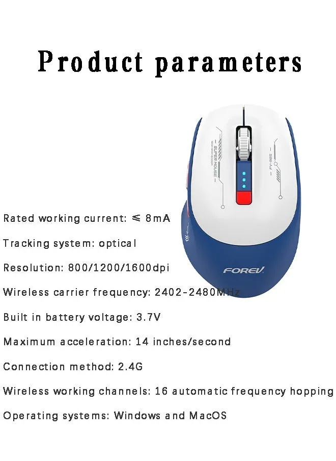 ماوس ألعاب لاسلكي بتصميم مريح 2.4 جيجا، 6 أزرار قابلة للبرمجة، ماوس محمول، مع مستقبل USB، أقصى تسارع 14 بوصة/ثانية، متوافق مع نظام التشغيل Windows وMacOS (أزرق/أبيض)-2