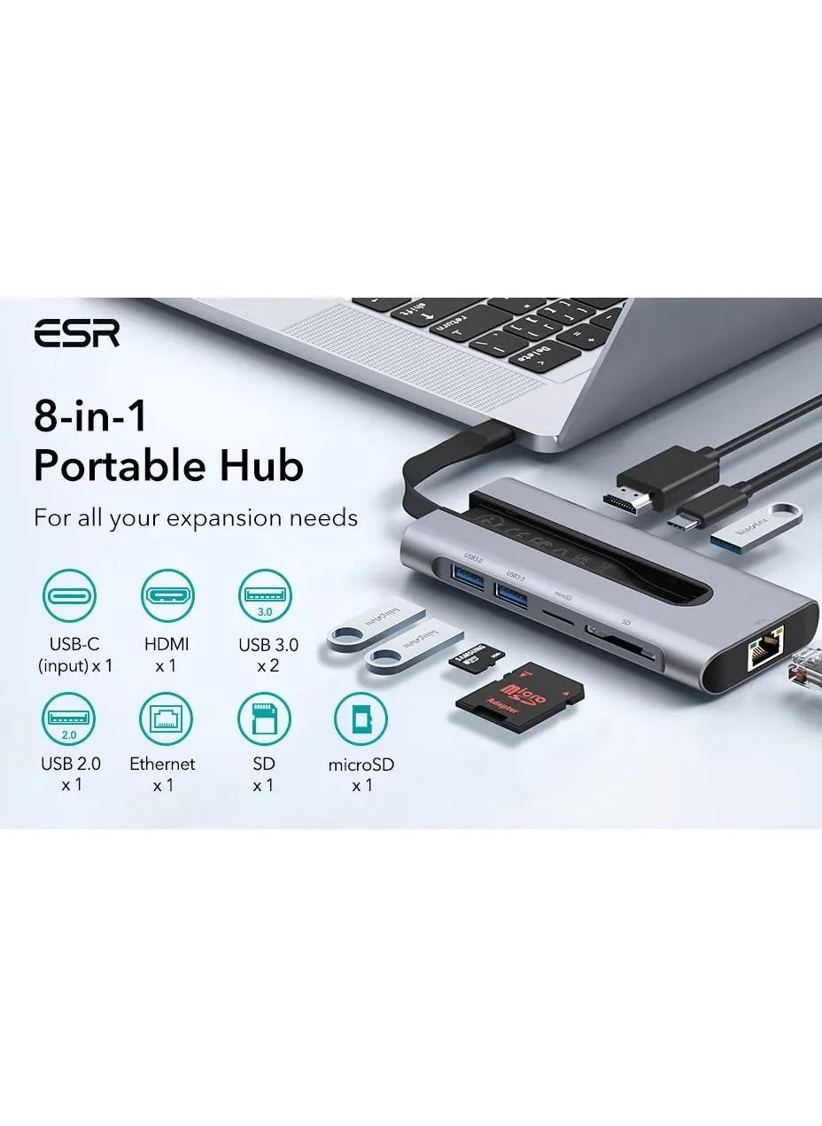 موزع محمول 8 في 1 من ESR، موزع USB-C مع جيجابت إيثرنت، 4K@30Hz HDMI، 100W PD، 2 منفذ USB 3.0، 1 منفذ USB 2.0، قارئ بطاقات SD، متوافق مع iPad 10/Pro 11/12.9، MacBook Pro، وأجهزة USB-C-2