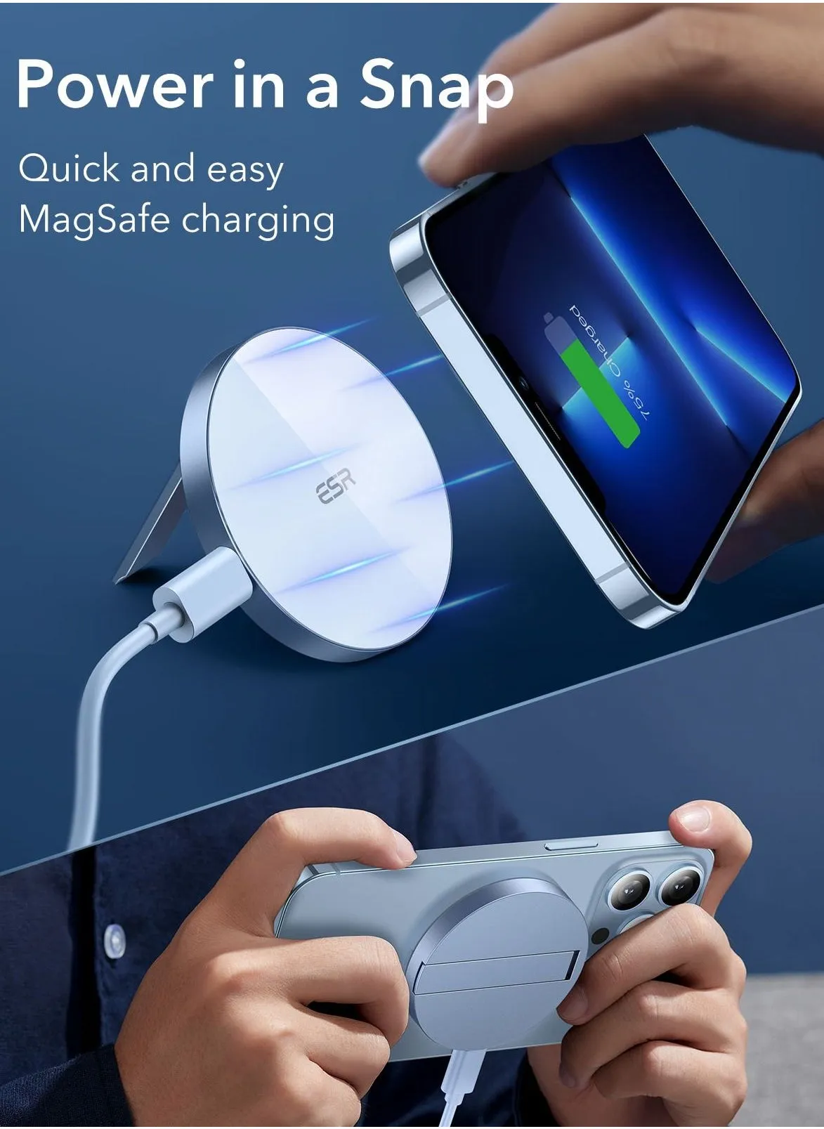 شاحن لاسلكي ESR مع MagSafe، شاحن بحامل متوافق مع سلسلة iPhone 15/14/13/12، مع كابل قابل للإزالة بطول 5 أقدام (1.5 متر)، ملحقات MagSafe، محول غير متضمن - أزرق سييرا-2