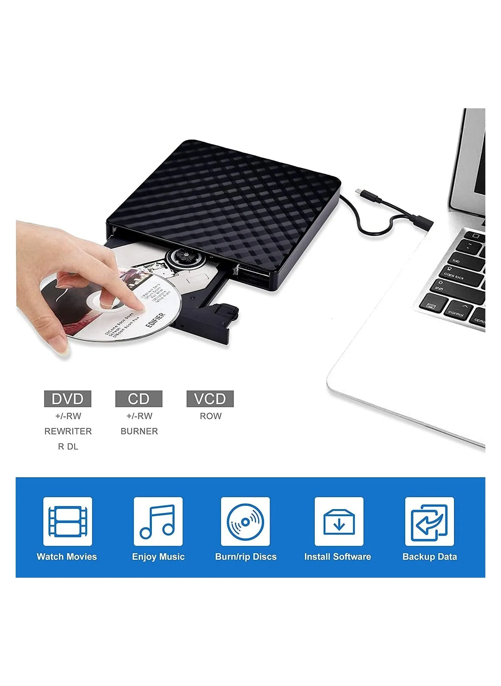 External CD DVD Drive, Portable Slim +/-RW Drive Player Burner Writer Reader Rewriter, Optical for Laptop, Desktop, Mac, Macbook, OS/Windows/Linux-2